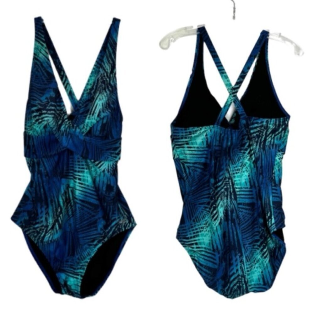 SPEEDO V Wrap Racer Back Floral One Piece Swimsuit Padded Cups Sz 16 Blue Green
